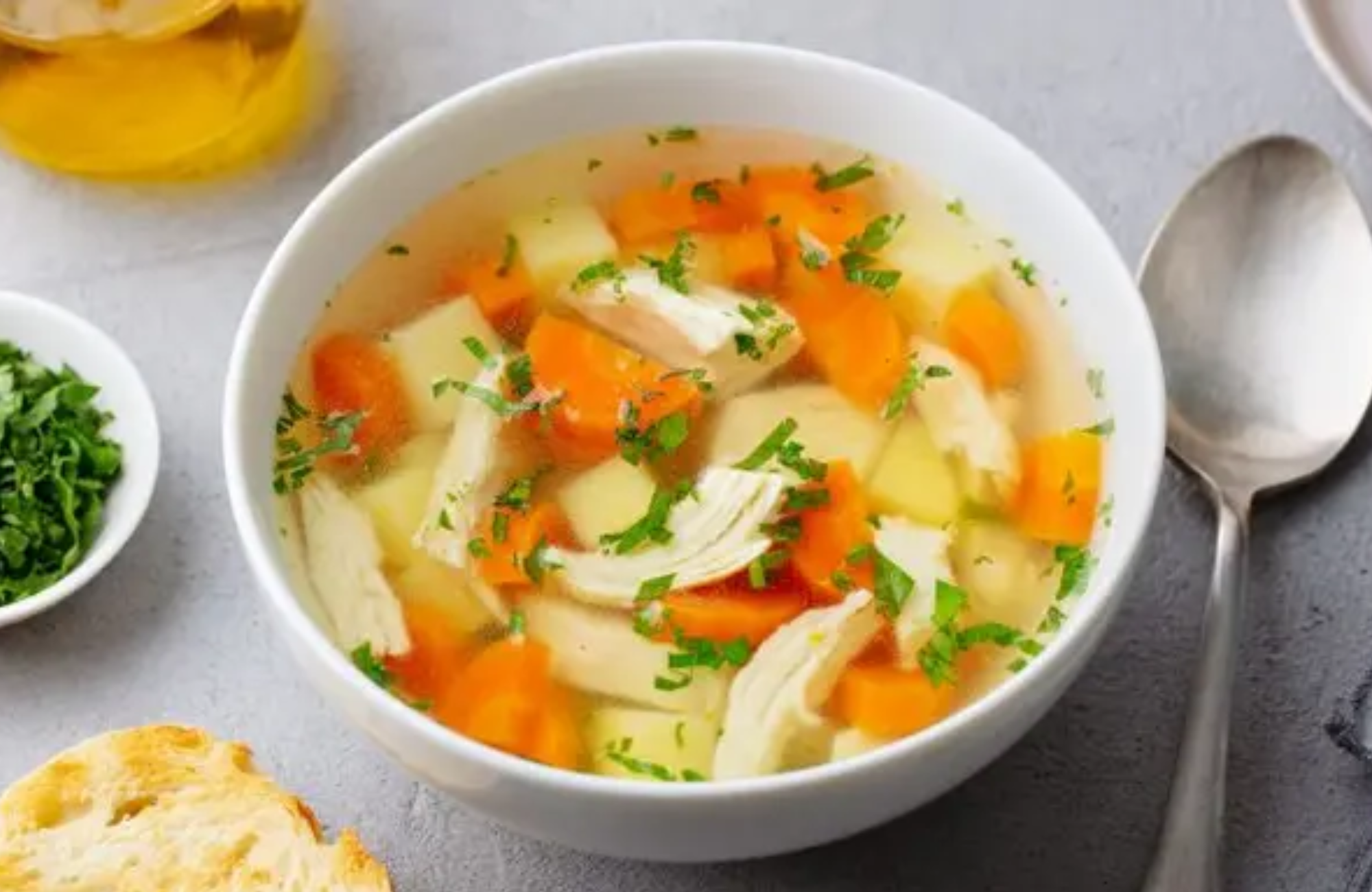 You can use essence of chicken instead of chicken broth in recipes such as chicken noodle soup.